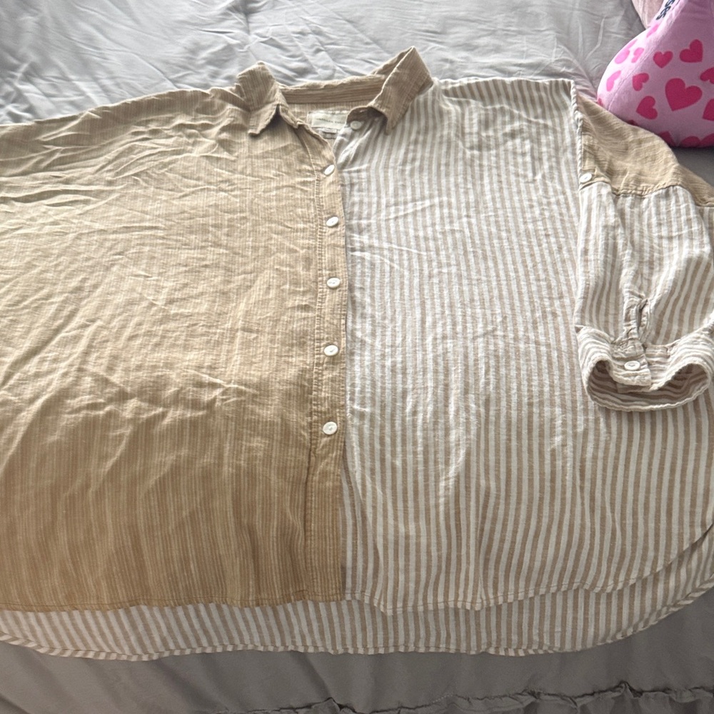 American Eagle Outfitters Beige and Cream Striped Button-Down Shirt